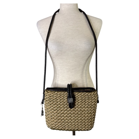 BRIGHTON WOMEN’S WOVEN STRAW JUTE LEATHER CROSSBODY SHOULDER BAG PURSE OLIVE TAN - Picture 1 of 8